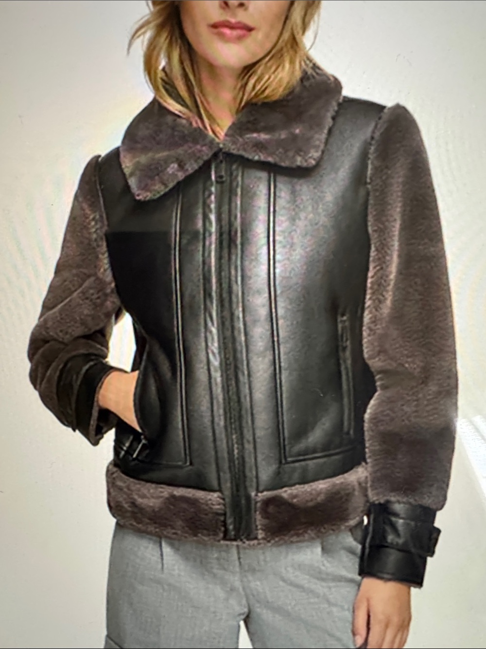 Andrew Marc Women’s Vellica Black Pebbled Faux Shearling Moto Jacket Sz Medium